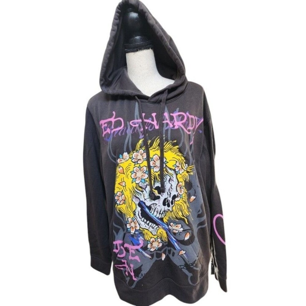 Ed Hardy 'Beauty Ghost' Charcoal Hoodie Size Large Y2K Tattoo Graphic